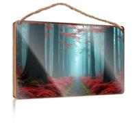 Bathroom Funny Signs Enchanted Forest Pathway With Red Ferns And Misty Atmosphere Wooded Sign Farmhouse Decor For The Home Door Sign For Bedroom(15X28CM)