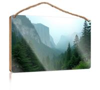 Bathroom Funny Signs Misty Mountains with Lush Green Trees Plain Wood Signs for Crafts Door Decor(15X28CM)
