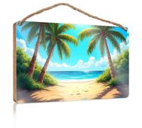 Bathroom Funny Signs Palm Trees Frame A Sandy Beach Leading to The Ocean Plain Wood Signs for Crafts Door Decor(15X28CM)