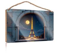 Bathroom Funny Signs Parisian Night: Eiffel Tower Illuminated Under A Full Moon Wooded Sign Farmhouse Decor For The Home Door Sign For Bedroom(23X35CM)