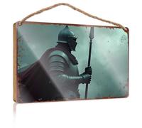 Bathroom Funny Signs Rugged Knight In Armor With Spear Against Stormy Sky Wooded Sign Farmhouse Decor For The Home Door Sign For Bedroom(20X30CM)