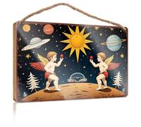Bathroom Funny Signs Two Angels Playing With Red Balls On The Moon Wooded Sign Farmhouse Decor For The Home Door Sign For Bedroom(20X30CM)