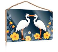 Bathroom Funny Signs Two White Herons with Orange Beaks, Surrounded By Yellow Flowers Plain Wood Signs for Crafts Door Decor(20X30CM)