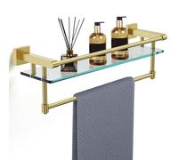 Bathroom Glass Shelf Towel Rack Shelf Glass Organizer Wall-Mounted Bathroom Storage SUS304 Stainless Steel Towel bar/Track Wall-Mounted Tempered Glass Stainless Steel Shelf (Brushed Gold, 20-inch)