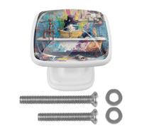 Bathroom Graffiti Cat Drawer Pulls Kitchen Cabinet Knobs White Dresser Knob Cupboard Door Handles Hardware for Bathroom Cabinets, Set of 4