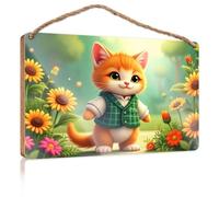 Bathroom Hanging Decor A Cute Orange Kitten in A Green Vest Surrounded By Colorful Flowers Fall Decorations for Home Farmhouse Teen Room Deco(20X30CM)
