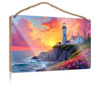 Bathroom Hanging Decor Sunset At The Lighthouse With Flowers Wooden Sign Sign For Front Door Plain Wood Signs For Crafts(23X35CM)