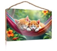 Bathroom Hanging Decor Two Cute Kittens Sleeping In A Hammock Wooden Sign Sign For Front Door Plain Wood Signs For Crafts(15X28CM)