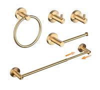 Bathroom Hardware Accessories Set 5-Piece - Adjustable 33-60CM Towel Rail Toilet Roll Holder Towel Ring 2Pcs Towel Hooks - Brushed Gold Wall Mounted SHUNLI