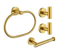 Bathroom Hardware Set 4-Piece Brushed Gold, Angle Simple Stainless Steel Bathroom Fixtures Accessory Kit with Towel Hook X 2, Toilet Paper Holder and Rotary Towel Ring, Wall Mount