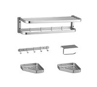 Bathroom Hardware Set, Thickened Aluminum Bathroom Rack Set Include Bathroom Double Bar, Five Rows of Clothes Hooks, Double Triangle Basket, Toilet Brush Set, Hand Rod/H