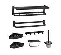 Bathroom Hardware Set, Thickened Aluminum Bathroom Rack Set Include Bathroom Double Bar, Five Rows of Clothes Hooks, Double Triangle Basket, Toilet Brush Set, Hand Rod/F