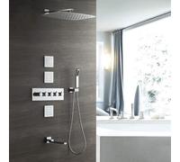 Bathroom in-Wall Silver Square Thermostatic Set Copper Faucet 55cm Supercharged Canopy Top Spray Back Flush Shower System 4 Functions Not Rustin