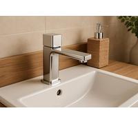 Bathroom Kingdom Quadrado Chrome Square Push Button Basin Mixer Tap in Silver Bathroom Kingdom Silver