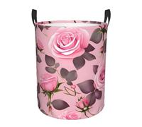 Bathroom laundry storage basket, Pretty Pink Roses portable round single-layer laundry basket, clothes storage basket with handles,