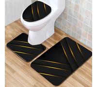 Bathroom Mat Gold Lines & Black Bath Mat Sets 3 Piece Washable, Slip-Resistant Bath Mats Rugs, Extra Soft and Absorbent Pedestal Bathmat Toilet Shower, Home Decor