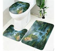 Bathroom Mat Set 3 Piece Forest waterfall landscape Memory Foam Non Slip Bath Rug with Toilet Lid Cover Green Soft Absorbent Washroom Floor Mat for Home and Hotel