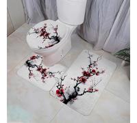 Bathroom Mat Sets 3 Piece Black Red Flowers Bath and Toilet Mat Set Non Slip Washable Memory Foam Absorbent Bathroom Floor Mats Toilet Lid Cover 3 Piece Easy to Maintain 50x80 cm