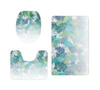 Bathroom Mat Sets 3 Piece Leaves Green Blue+ Bath and Toilet Mat Set Toilet Lid Cover Memory Foam U Shaped Pedestal Carpet Washable Non Slip Bath Mats for Bathroom 50x80 cm