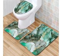 Bathroom Mat Sets 3 Piece Marble Green Pattern Bath and Toilet Mat Set Soft Absorbent Pedestal Bathmat Toilet Shower, Washable Anti-Skid Toilet Seat Cover Bath Mat Lid Cover