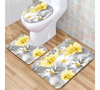 Bathroom Mat Sets 3 Piece with Non-Slip Rug, Toilet Lid Cover and Bath Mat Daisy Gray&Yellow Toilet Lid Cover Set with Memory Foam Soft Water Absorbent Bath Rug for Floor Tub Shower