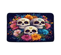 Bathroom Mat Sugar Skull Colorful Flower Gothic Skeleton Head Spooky Halloween Dead Day Cool Horror Watercolor Flannel Mat Rug Decoration Kitchen Rug, For Kitchen, Bathtub, 40x60cm