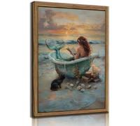 Bathroom Mermaid Wall Art Cute and funny black cat Posters Prints Vintage Beach Shells Painting Pictures Mermaid bathtub reading Canvas Wall Decor (12x16 Unframed)