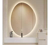 Bathroom Mirror 60x80cm(23.6x31.5in) Irregular Oval Wall Mounted Vanity Mirror with 3-Colour Dimmable LED Lighting and Explosion-Proof for Makeup Area, Living Room and Hallway