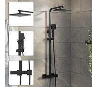 Bathroom Mixer Shower Thermostatic Dual Head Square Rainfall Head Handset Black