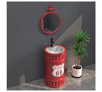 Bathroom Pedestal Sinks, Round Free Standing Pedestal Sink, Stainless Steel Bathroom Basin Sink with Faucet, Industrial Iron Art Vanity Unit Basin for Commercial Space A5, with Mirror