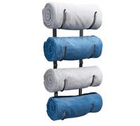 Bathroom Rolled Towel Rack: 4-Tier Wall Mounted Towel Storage Holder, Hanging Organizer for Towels, Blankets, Large Bath Sheets, Space Saving in RV, Closet, Toilet, Cabinet, Black Metal