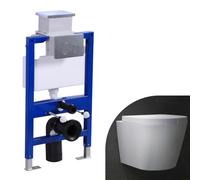 Bathroom Round Rimless Wall Hung Toilet with 0.82M Concealed Cistern Frame Set & Round Sliver Dual Flush Plate