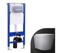 Bathroom Round Rimless Wall Hung Toilet with 1.14M Concealed Cistern Frame Set & Rectangular Sliver Dual Flush Plate