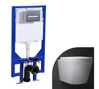 Bathroom Round Rimless Wall Hung Toilet with 1.14M Concealed Cistern Frame Set & Rectangular Sliver Dual Flush Plate