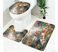 Bathroom Rug Set 3 Piece Animal Jungle Tiger Washable Non Slip Bathroom Carpets with Toilet Mat Green Plants And Flowers Soft Bath Mat for Bathroom, Laundry Room, Kitchen and Hotel