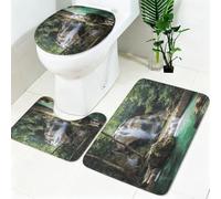 Bathroom Rug Set 3 Piece Natural forest waterfall Non Slip Absorbent Bath Mat Set with U Shaped Toilet Rug and Toilet Lid Cover Green Washable Bathroom Mats
