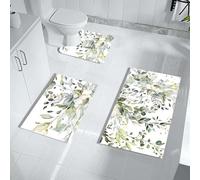 Bathroom Rug Set with Green Leaves, 3-Piece, Spring Flowers, Boho, Quick Drying, Eucalyptus Plant, Minimalist, Thin, Rubber, Diatomaceous Earth, Absorbent, Non-Slip Rugs