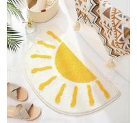 Bathroom Rugs Mat Half Circle - Cute Sun Fun White Yellow Boho Bath Mats Non Slip, Soft Absorbent Microfiber Bohemian Rug, Semi Round Machine Washable Rubber Rugs for Floor Bedroom Toilet Door Bathmat