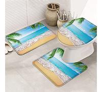 Bathroom Rugs Mat Sets 3 Piece, Beach Landscape Blue Sky Sea Gold Sand Green Palm Tree Durable U-Shaped Contour Mat Anti Slip Toilet Cover Mat Bath Mat