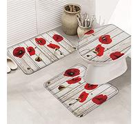 Bathroom Rugs Mat Sets 3 Piece, Red Poppy Flowers On The Board Soft U-Shaped Contour Mat Warmer Toilet Cushion Bath Mat