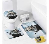 Bathroom Rugs Set 3 Piece Bath Mat with U-Shaped Contour Toilet Rug Non Slip Floor Mat Absorbent Microfiber Old Sailing Ship Bath Rugs for Bathroom Bathtub Shower Mat Carpet