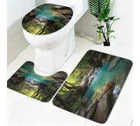 Bathroom Rugs Set 3 Piece Forest Waterfall Park Super Absorbent Non Slip Bath Mat Set with Contour Toilet Mat and Toilet Lid Cover green Washable Bathroom Carpet for Shower Room