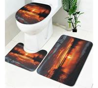 Bathroom Rugs Set 3 Piece Sunset over the seaside bridge Super Absorbent Non Slip Bath Mat Set with Contour Toilet Mat and Toilet Lid Cover orange color Washable Bathroom Carpet for Shower Room