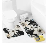 Bathroom Rugs Sets 2 Piece Bath Mat Soft Absorbent Microfiber Bath Rugs and U-Shaped Contour Toilet Rug Non-Slip Bath Carpet Black and White Hawaiian Flowers Floor Mats for Bathroom
