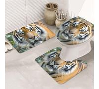 Bathroom Rugs Sets 3 Piece Soft Absorbent Bath Mats for Bathroom U-Shaped Contour Rug and Toilet Lid Cover Wild Animals Tiger Bath Mat Non-Slip Area Rug Machine Washable Toilet Rug Floor Mats