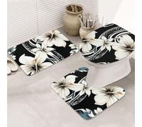 Bathroom Rugs Sets 3 Piece Super Absorbent Bathroom Mats Set Black and White Hawaiian Flowers Bath Rug, Contour Mat and Toilet Lid Cover, Washable Non-Slip Bath Mats Carpet for Bathroom Shower Mat