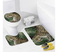 Bathroom Rugs Sets 3 Piece Super Absorbent Bathroom Mats Set Leopard Palm Leaf Bath Rug, Contour Mat and Toilet Lid Cover, Washable Non-Slip Bath Mats Carpet for Bathroom