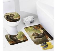 Bathroom Rugs Sets 3 Piece Super Absorbent Bathroom Mats Set Squirrel Eats Nuts Bath Rug, Contour Mat and Toilet Lid Cover, Washable Non-Slip Bath Mats Carpet for Bathroom