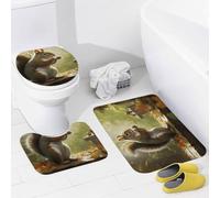 Bathroom Rugs Sets 3 Piece Super Absorbent Bathroom Mats Set Squirrel Eats Nuts Bath Rug, Contour Mat and Toilet Lid Cover, Washable Non-Slip Bath Mats Carpet for Bathroom