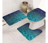 Bathroom Rugs Sets 3 Piece Super Absorbent Bathroom Mats Set Teal Glitter Bath Rug, Contour Mat and Toilet Lid Cover, Washable Non-Slip Bath Mats Carpet for Bathroom Shower Mat